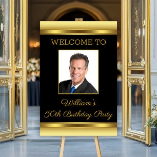Black Gold Photo Birthday Party Welcome Sign