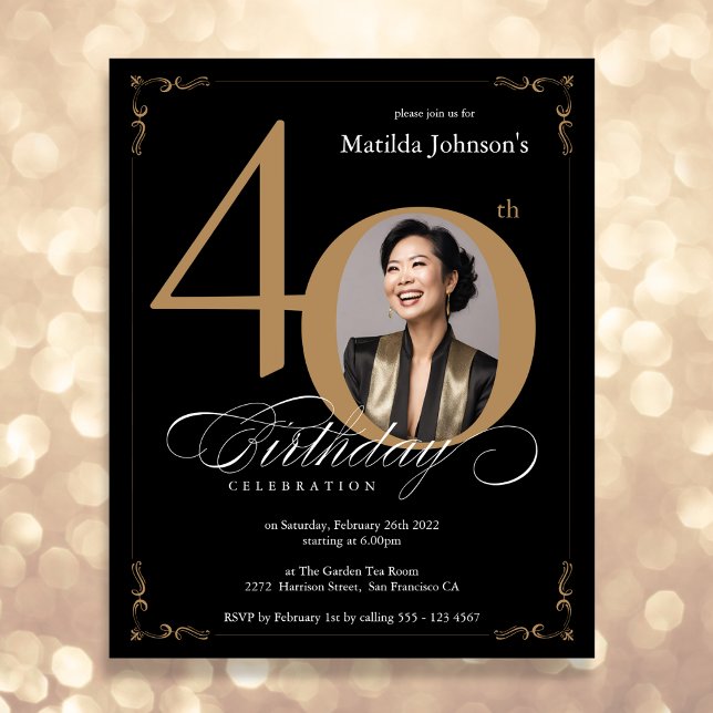 Black Gold Photo Budget 40th Birthday Invitation (Mockup View)