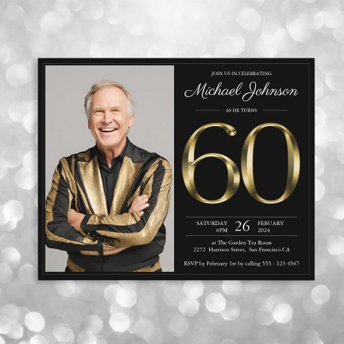 Black Gold Photo Budget 60th Birthday Invitation