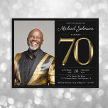 Black Gold Photo Budget 70th Birthday Invitation<br><div class="desc">Black Gold Photo Budget 70th Birthday Invitation. Get ready for an unforgettable milestone birthday bash with this sleek and sophisticated invitation! Featuring solid gold text that screams elegance and class, this design is all about celebrating in style. The rich, gold typography stands out boldly against a refined background, making every...</div>
