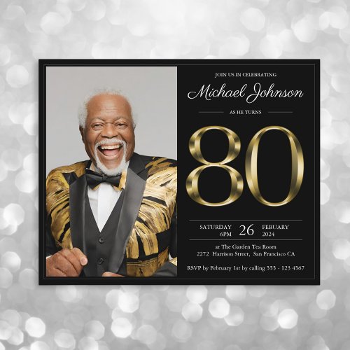 Black Gold Photo Budget 80th Birthday Invitation
