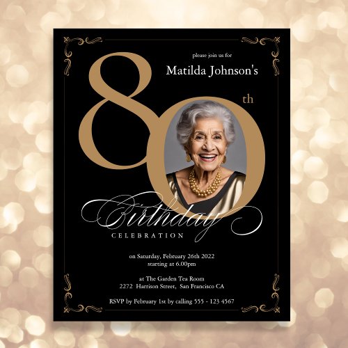 Black Gold Photo Budget 80th Birthday Invitation