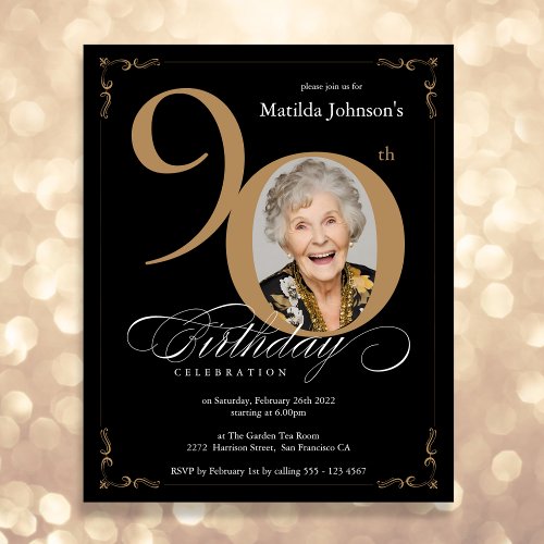 Black Gold Photo Budget 90th Birthday Invitation