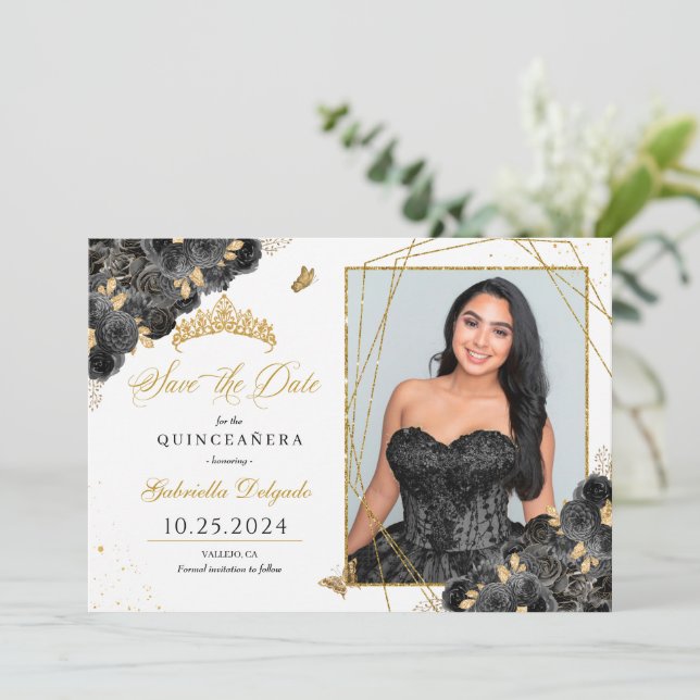 Black & Gold Photo Card Quinceañera Save The Date (Standing Front)