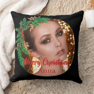 Black Gold Photo Christmas Wreath Elegant Throw Pillow