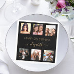 Black gold photo collage birthday napkins<br><div class="desc">For a woman's 21st (or any age) birthday, celebrating her life with a collage of 6 of your high quality photos of her, her friends, family, interest or pets. Personalize and add her name, age 21. Golden text. A chic, classic black background color. Her name is written with a modern...</div>