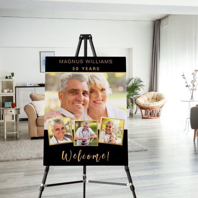 Black gold photo collage birthday party welcome foam board (Creator Uploaded)