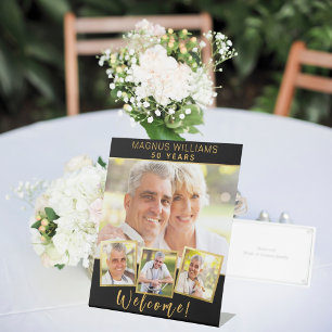 Black gold photo collage birthday party welcome pedestal sign