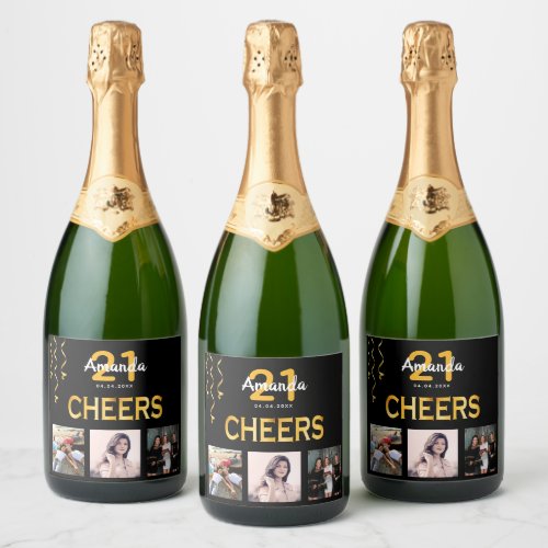 Black gold photo collage cheers birthday party sparkling wine label