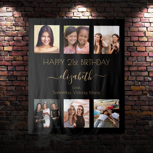 Black gold photo collage friends birthday party tapestry