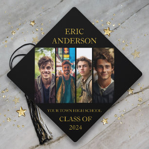 Black Gold Photo Collage Graduation Class of 2024 Graduation Cap Topper