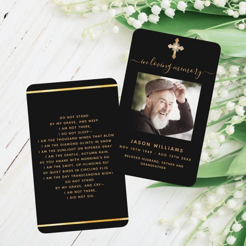 Black gold photo cross funeral prayer card