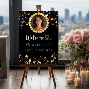 Black gold photo diamonds birthday party welcome foam board