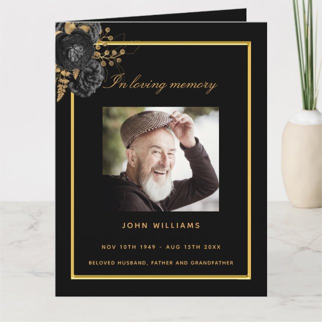 Black gold photo elegant floral funeral program (Front)