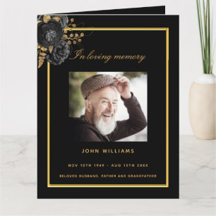 Black gold photo elegant floral funeral program