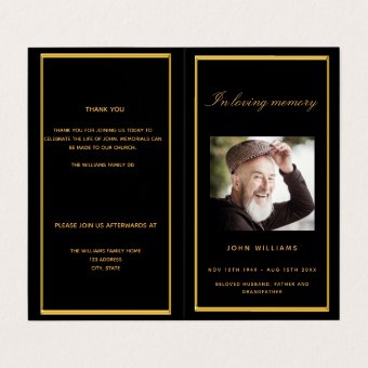 Black gold photo elegant funeral program | Zazzle