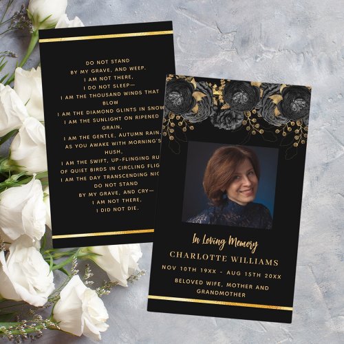 Black gold photo floral funeral prayer card