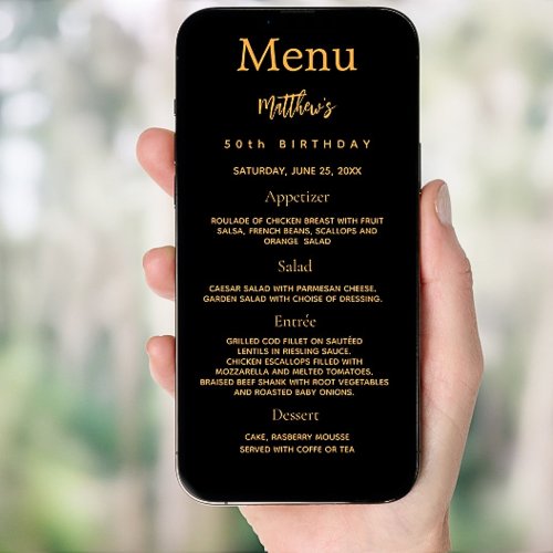 Black gold photo fun facts birthday menu card