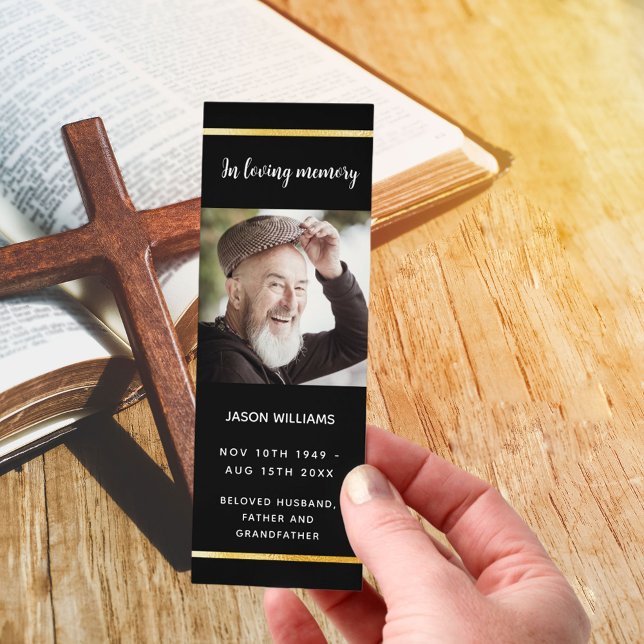 Black gold photo funeral prayer card bookmarks (Creator Uploaded)