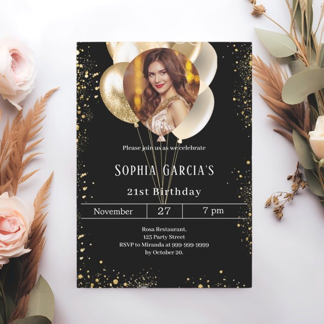 Black gold photo glitter balloons birthday invitation (Creator Uploaded)