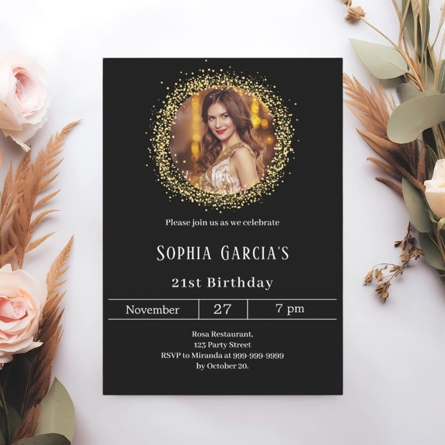 Black gold photo glitter birthday invitation (Creator Uploaded)