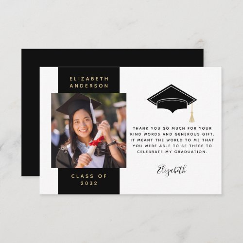 Black Gold Photo Graduation Cap  Thank You Card