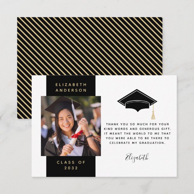 Black Gold Photo Graduation Cap Thank You Card (Front/Back)