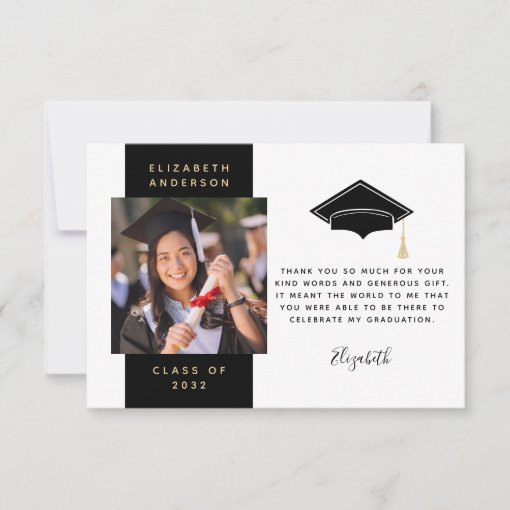 Black Gold Photo Graduation Cap Thank You Card | Zazzle