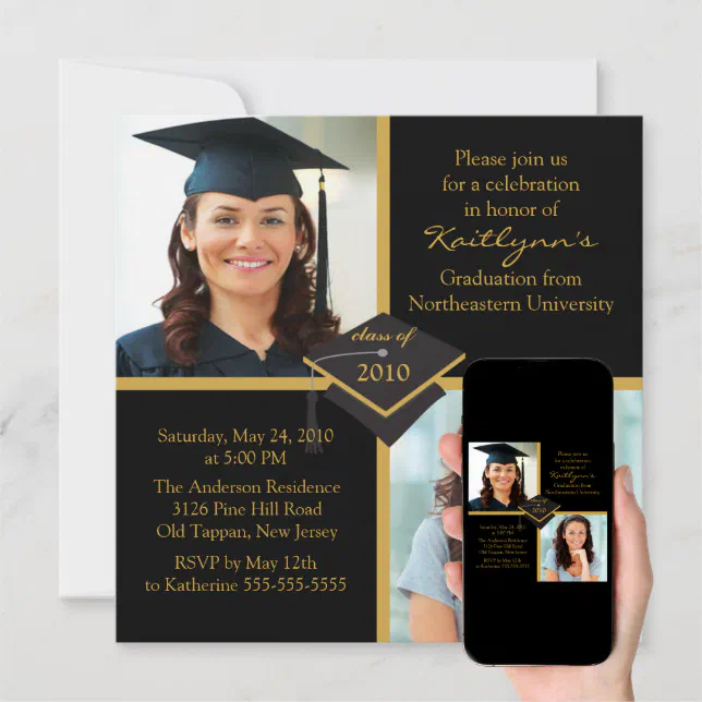 Black & Gold Photo Graduation Invitation | Zazzle