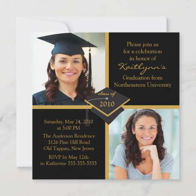 Black & Gold Photo Graduation Invitation | Zazzle