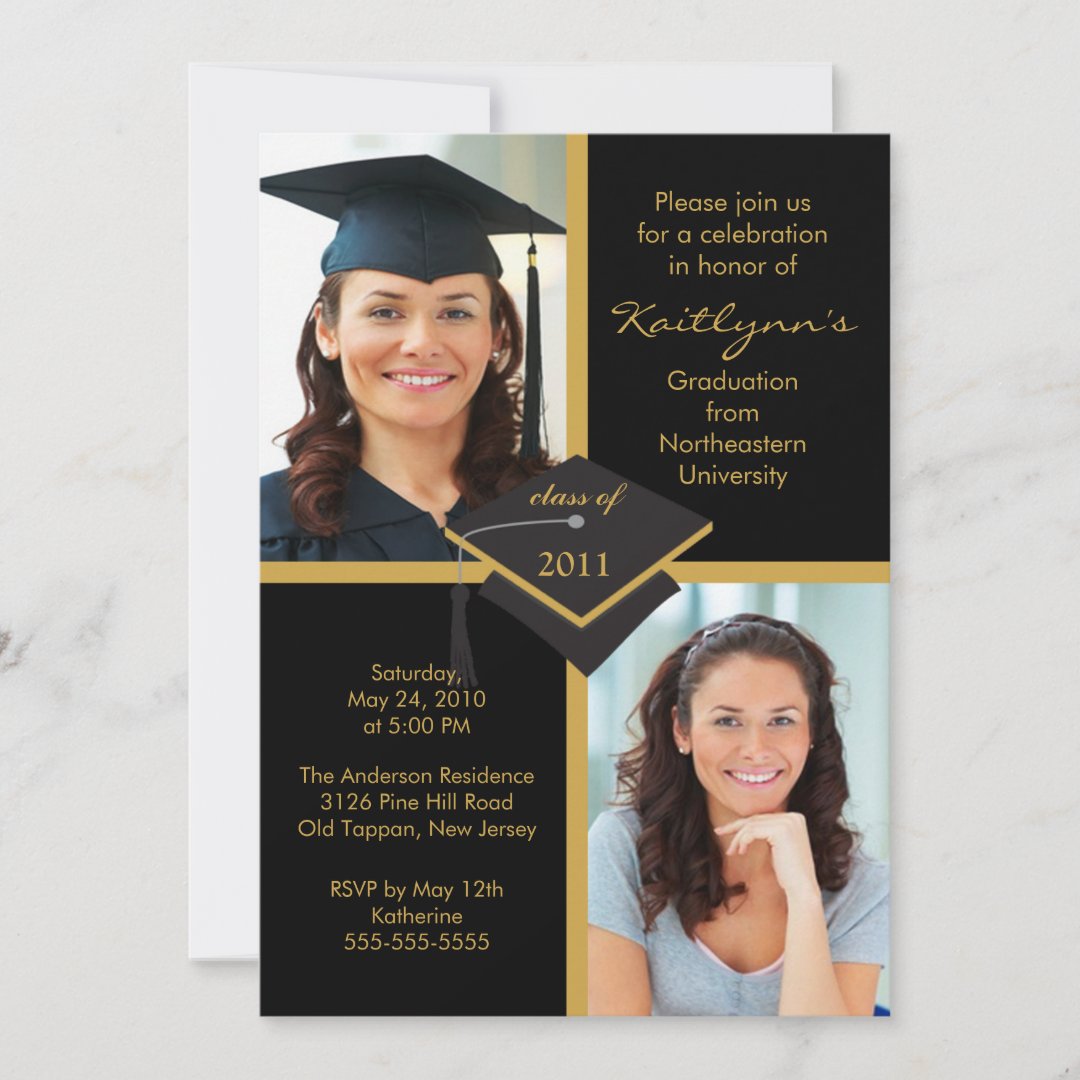 Black & Gold Photo Graduation Invitation | Zazzle