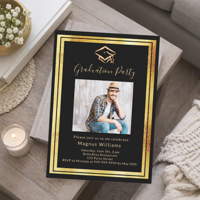 Black gold photo Graduation Party Invitation | Zazzle