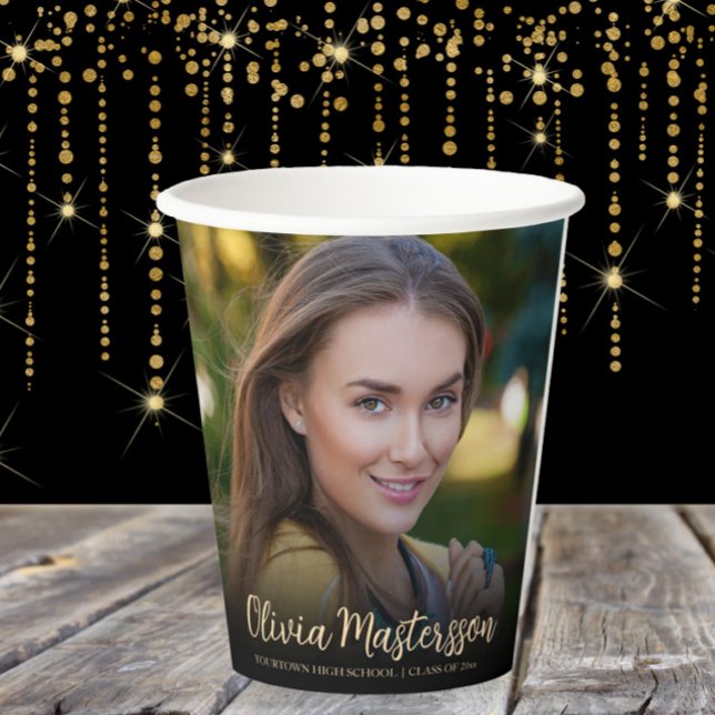 Black Gold Photo Graduation Party Paper Cups (Graduation party photo paper cups)