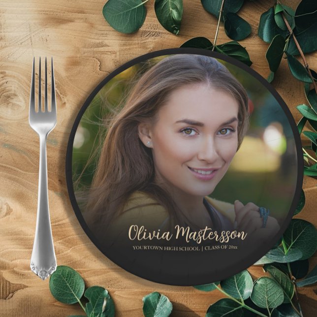 Black Gold Photo Graduation Party Paper Plates (Black and gold graduation photo paper plate personalized with name, school name, and graduation year)
