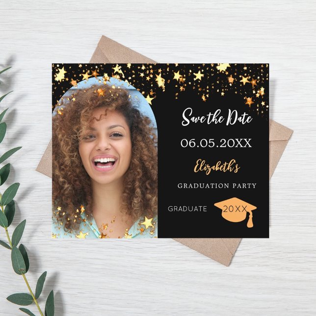 Black gold photo Graduation Party Save the Date (Creator Uploaded)