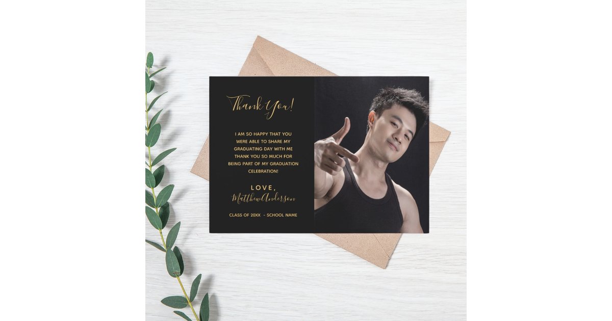 Black gold photo graduation thank you card | Zazzle