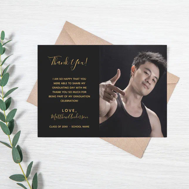 Black gold photo graduation thank you card | Zazzle