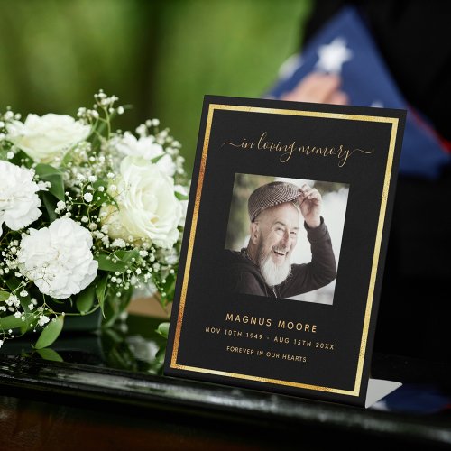 Black gold photo memorial funeral pedestal sign