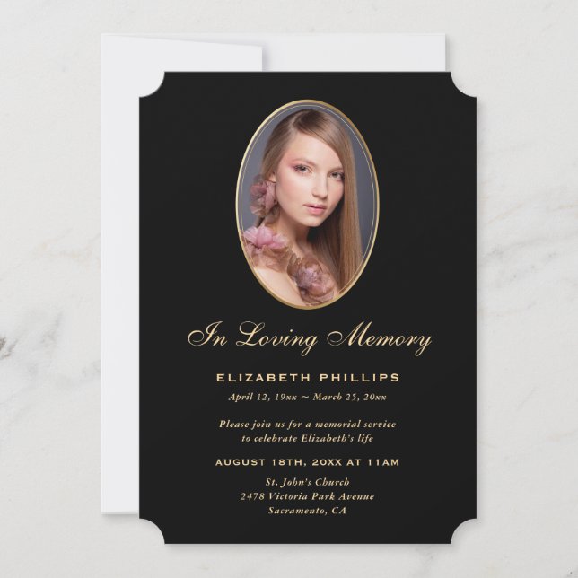 Black Gold Photo Memorial Service In Loving Memory Invitation (Front)