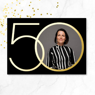 Black Gold Photo Minimalist 50th Birthday Party Foil Invitation