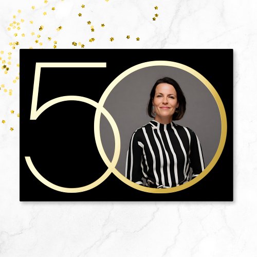 Black Gold Photo Minimalist 50th Birthday Party Foil Invitation