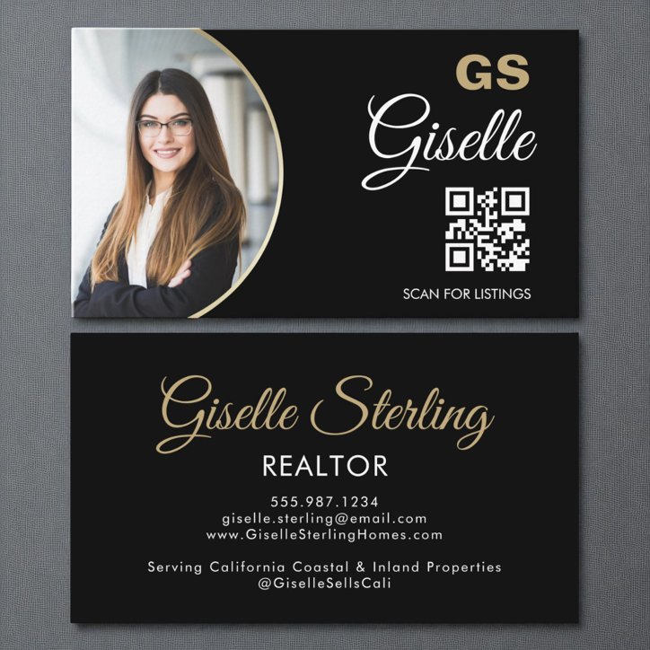 Black Gold Photo Monogram Realtor QR Code Business Card