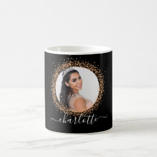 Black gold photo name script glamorous coffee mug