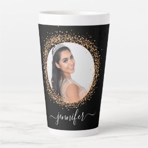 Black gold photo name script latte mug