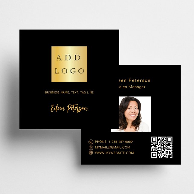 Black gold photo name signature Qr code logo Square Business Card (Creator Uploaded)
