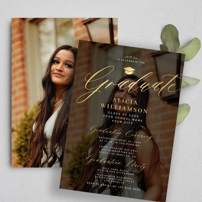 Black gold photo overlay elegant script graduation invitation (Creator Uploaded)
