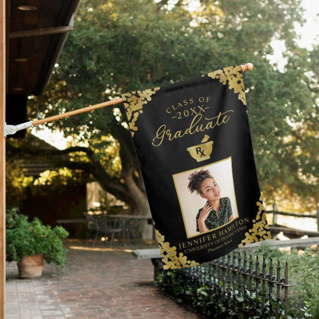 Black Gold Photo Pharmacy School Graduation  House Flag (In SItu)