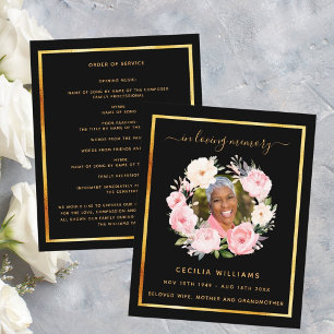 Black gold photo pink floral funeral program