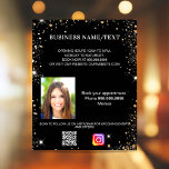 Black gold photo qr code instagram business flyer<br><div class="desc">Personalize and add your business name,  address,  your text,  photo,  your own QR code to your instagram account. Black background,  white text. Decorated with faux gold glitter sparkles.</div>