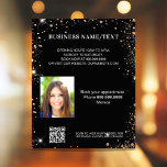 Black gold photo qr code promotion business flyer<br><div class="desc">Personalize and add your business,  name,  address,  your text,  photo,  your own QR code to your website. Black background,  white text. Decorated with faux gold glitter sparkles.</div>